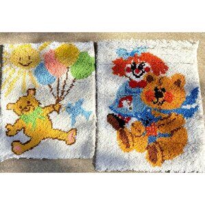 Pair Latch Hook Rug Wall Hangings Teddy Bear, Bear & Rag Doll. Nursery Baby Room